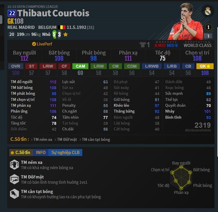 Thủ môn Bỉ trong Đội Hình Bỉ FO4 là T. Courtois 22U.